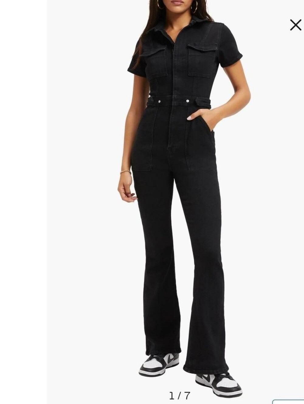 Good American Black Flare Denim Short-Sleeve Zip-up Jumpsuit XS